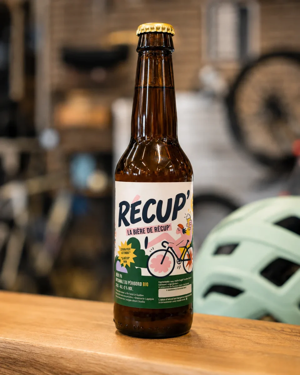 Bouteille de bière RÉCUP’ posée sur un comptoir en bois, son étiquette illustrée visible et un casque de vélo flou à l’arrière-plan.