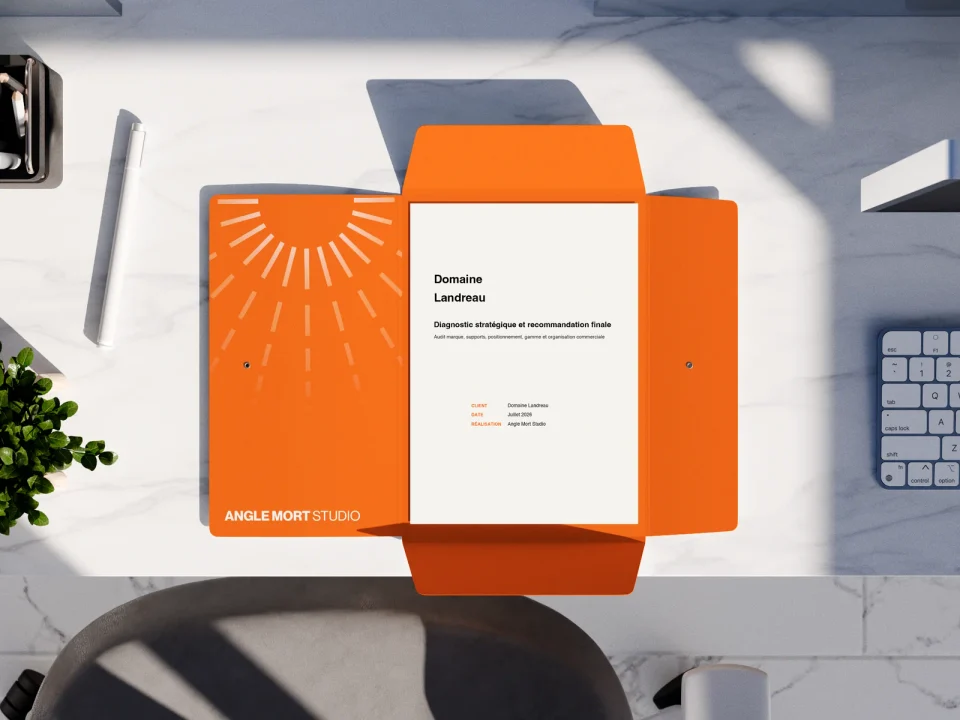 Mise en situation du diagnostic stratégique Domaine Landreau : couverture du rapport posée dans une chemise orange Angle Mort Studio, sur un bureau clair.