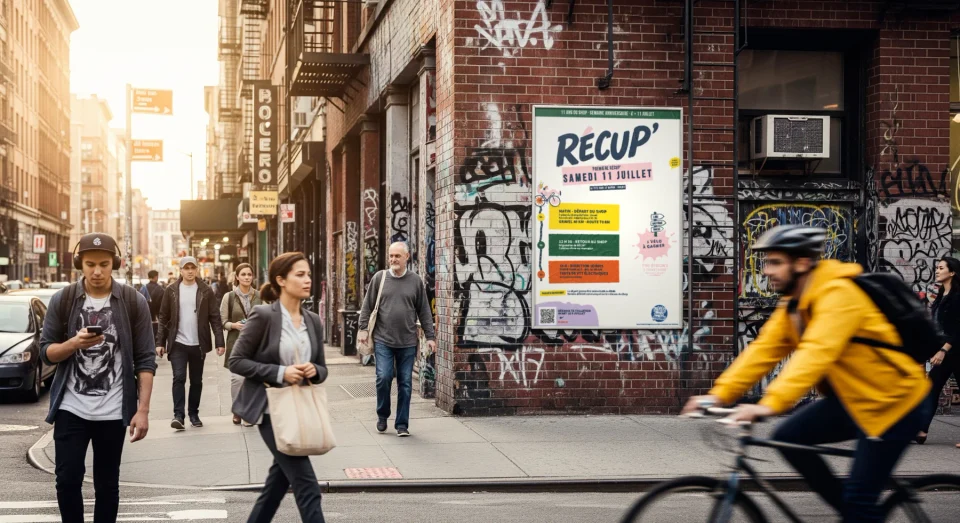 Affiche de lancement RÉCUP’ présentée en mockup sur un mur de briques d’une rue animée par des passants et un cycliste.